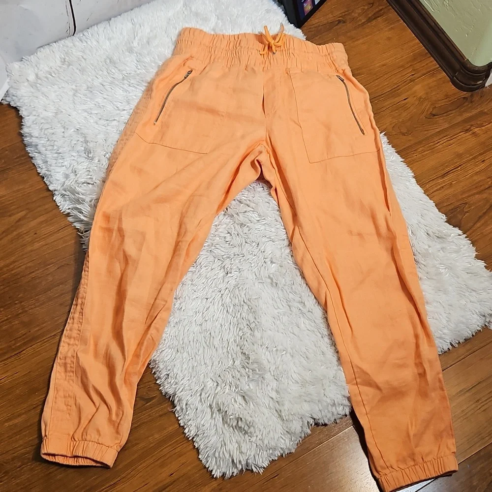 Athleta‎ Orange Linen Jogger Pants Zip Pockets Drawstring Waist Women's Size 8 P - Picture 4 of 7